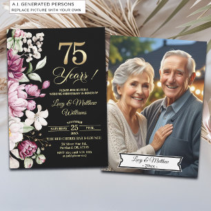 Invitation Photo élégant floral or pour les 75 ans de mariage