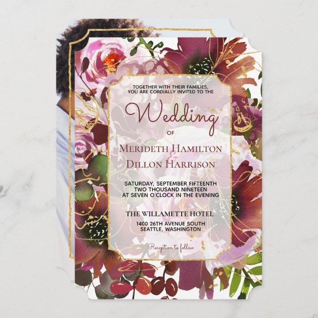 Invitation Photo Elegant Mariage Boho Rose Or Bourgogne (Devant / Derrière)