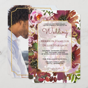 Invitation Photo Elegant Mariage Boho Rose Or Bourgogne