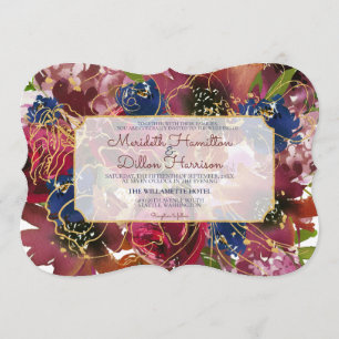 Invitation Photo Elegant Mariage Floral Bleu Burgundy