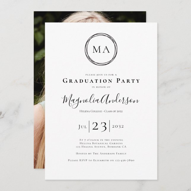 Invitation Photo Elegant Monogramme Graduation Party (Devant / Derrière)