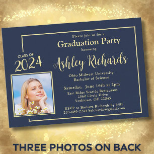 Invitation Photo Elegant Navy Blue and Gold Graduation Party
