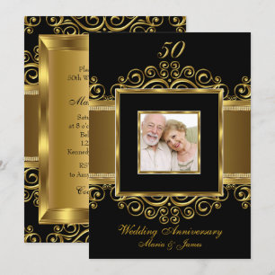 Invitation Photo élégant or et noir tourbillon 50 ans de mari