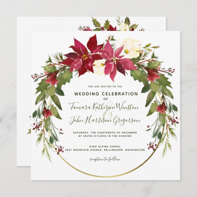 Invitation Photo Elegant Poinsettia Floral Mariage de Noël (Devant / Derrière)