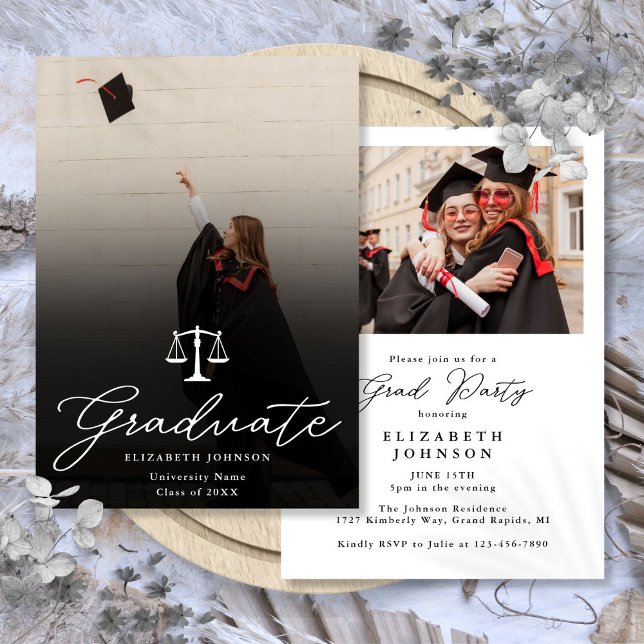 Invitation Photo Élégant Script Fête de Remise des Diplômes d (Photo Elegant Script Law School Graduation Party Invitation)