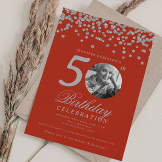 Invitation Photo élégante 50e anniversaire Argent Confetti Ro
