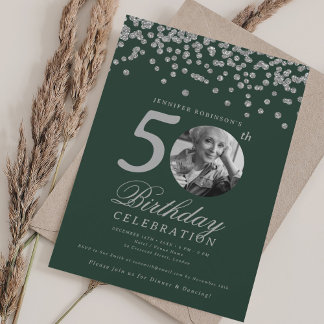 Invitation Photo élégante 50e anniversaire Argent Confetti Ve
