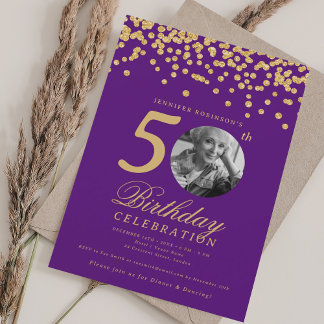 Invitation Photo élégante 50e anniversaire Gold Confetti viol