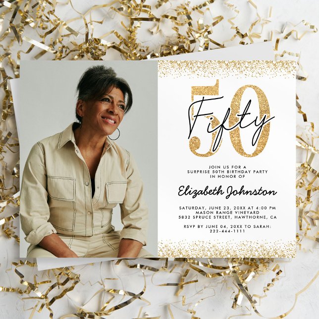 Invitation photo élégante en or blanc pour 50e ann (Créateur téléchargé)