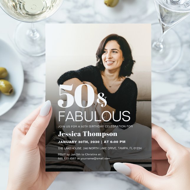 Invitation photo élégante et moderne pour 50e anni (Bold and elegant 50 & Fabulous 50th birthday custom photo invitation)