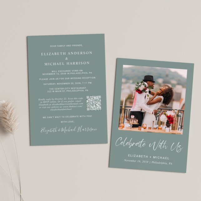 Invitation Photo élégante QR Code Sage Green Wedding Réceptio (Créateur téléchargé)