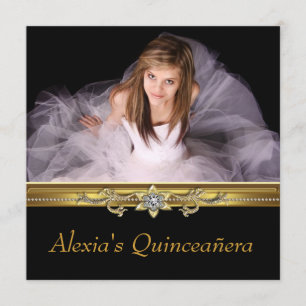 Invitation Photo élégante Quinceanera de noir et d'or