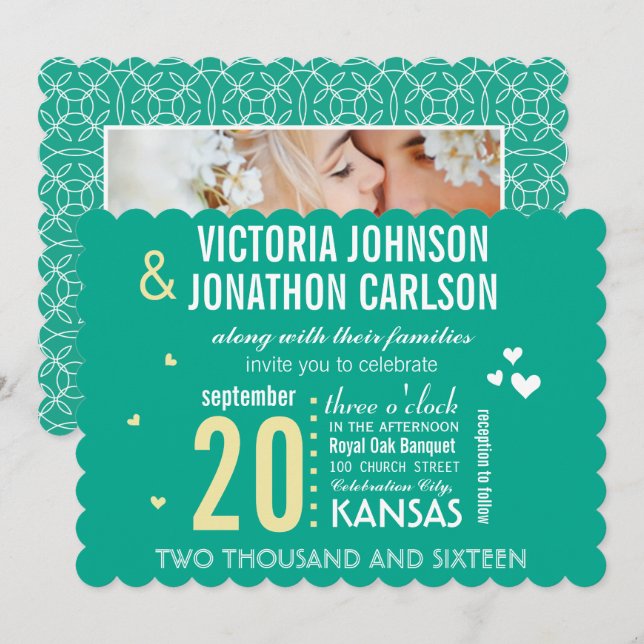 Invitation Photo Emerald Jaune Mariage de typographie moderne (Devant / Derrière)