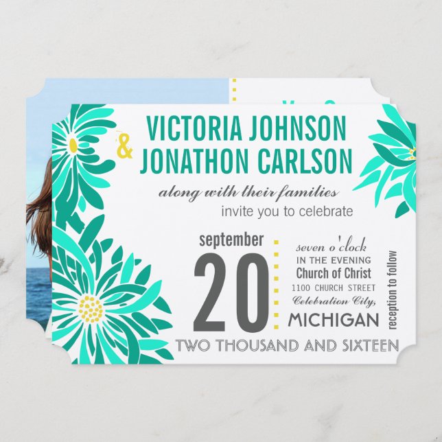 Invitation Photo Emerald Mint Jaune Mariage Floral moderne (Devant / Derrière)