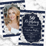 Invitation Photo en argent blanc bleu marine 50e anniversaire<br><div class="desc">Elégante invitation à 50e anniversaire fleurie avec votre photo au verso de la carte. Glam marine design blanc avec faux parties scintillant argent. Caractéristiques bleu marine et blanc rayures, roses blanches, police de script et confetti. Parfait pour une fête anniversaire adulte élégante. Personnalisez avec vos propres détails. Peut être customisé...</div>