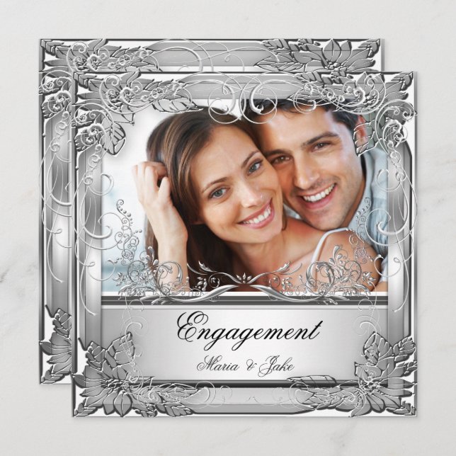 Invitation Photo en argent blanc de la partie d'engagement (Devant / Derrière)