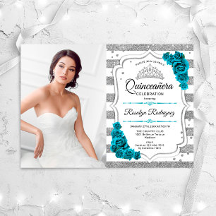 Invitation Photo en argent bleu turquoise Quinceanera