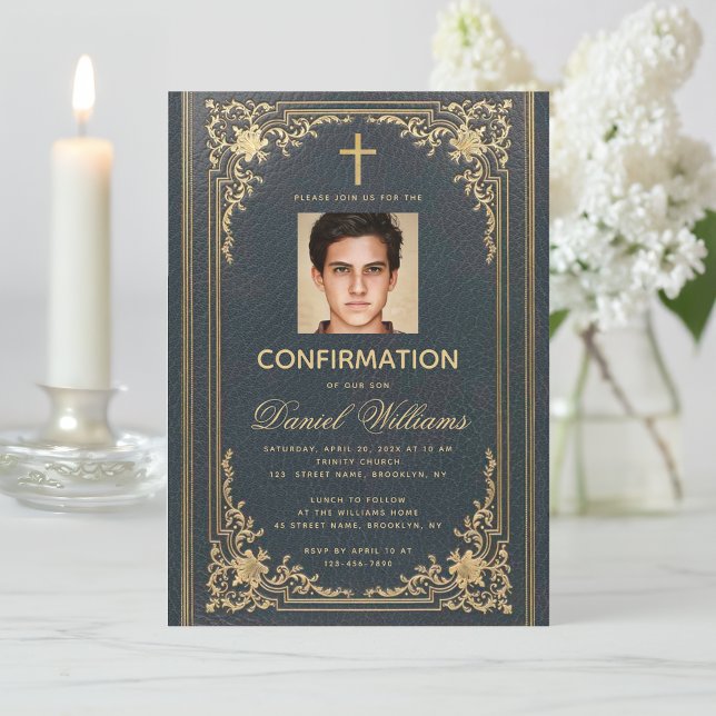 Invitation Photo en bleu vieilli or élégant garçon confirmati (Créateur téléchargé)