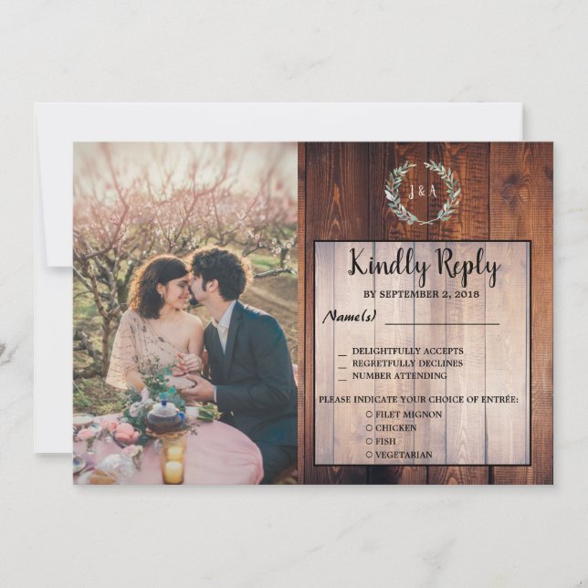 Invitation Photo en bois feuille rustique Mariage RSVP choix  (Devant)