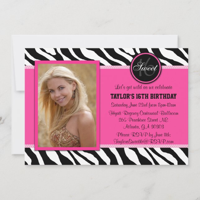 Invitation photo en mode Pink et Zebra noir (Devant)