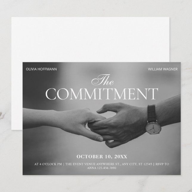 Invitation Photo en noir et blanc tenant la main engagement (Devant / Derrière)
