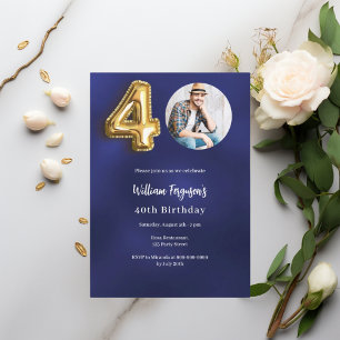 Invitation Photo en or bleu marine 40e anniversaire