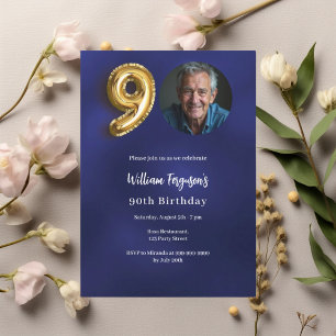 Invitation Photo en or bleu marine 90e anniversaire