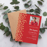 Invitation photo en or rouge anniversaire<br><div class="desc">Une invitation moderne,  élégante et raffinée. Un arrière - plan rouge décoré de faux confettis d'or. Personnalisez et ajoutez une photo,  un nom et des détails de la fête. Texte blanc. 1 feuille = 1 invite imprimé bord à bord.</div>