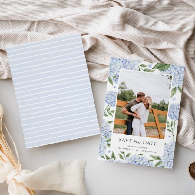 Invitation Photo encadrée Blue Hydrangea Enregistrer la date (Créateur téléchargé)