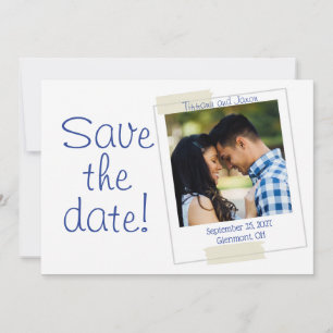 Invitation Photo Enregistrer la date en bleu et blanc