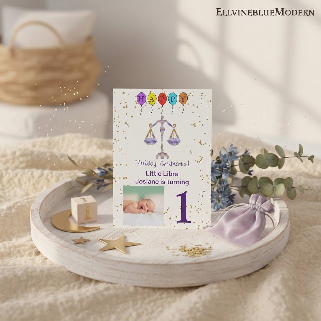 Invitation Photo et anniversaire Balance avec or et ballons (Libra 5” x 7” Photo Invite. Visit Libra Zodiac Birthday Party Collection for more items.)
