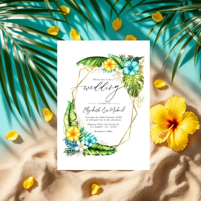 Invitation Photo et code QR du Mariage géométrique floral tro (Tropical Floral Geometric Wedding Photo & QR Code Invitation)