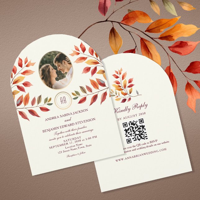 Invitation Photo et code QR pour un mariage d'automne (Créateur téléchargé)