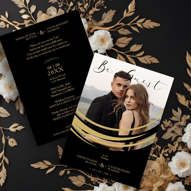 Invitation Photo Exquisite Modern Golden Abstract Shape (Exquisite Modern Faux Golden Abstract Geometric Shape Photo Wedding Invitation with Envelope.)