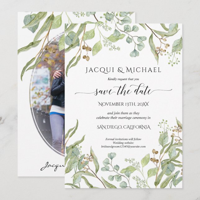 Invitation Photo Faire part de mariage Aquarelle Eucalyptus V (Devant / Derrière)