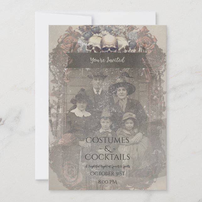 Invitation Photo famille Crâne Roses Vintage gothique Hallowe (Devant)
