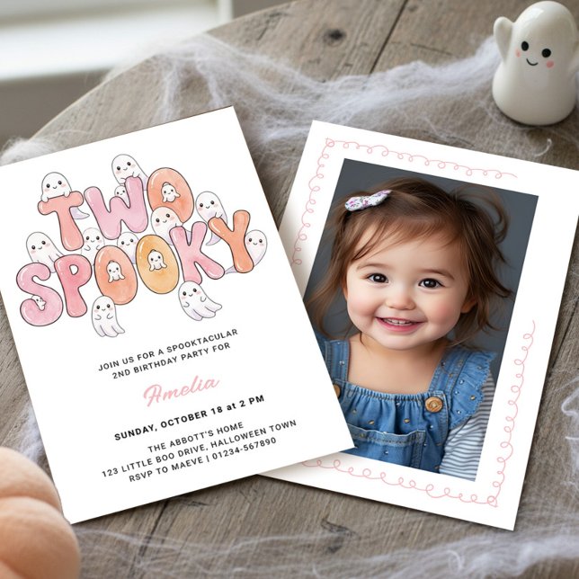 Invitation Photo fantôme rose funky pour un 2e anniversaire T (Two Spooky 2nd Birthday invitation with photo on the back by Darling & May)