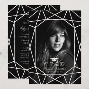 Invitation Photo Faux Foil Silver & Black Graduation Party