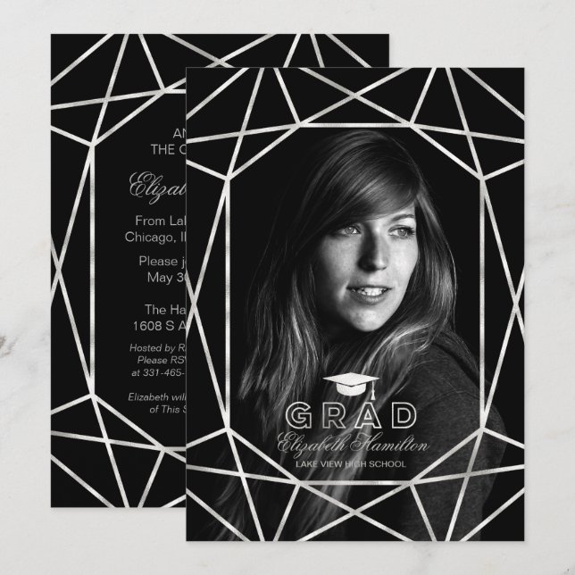 Invitation Photo Faux Foil Silver & Black Graduation Party (Devant / Derrière)