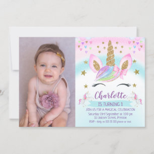 Invitation Photo Faux Gold Unicorn Rainbow 1er anniversaire