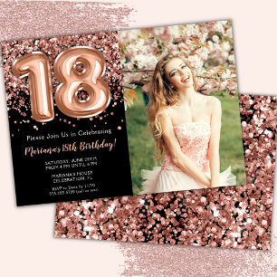 Invitation Photo Fête 18 ans Rose Noir Paillettes Dorées
