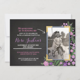 Invitation Photo Fête d'anniversaire Flore violette N'importe