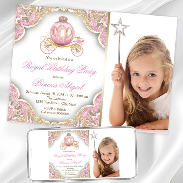 Invitation photo fête d'anniversaire Princesse Or  (Princess photo any number birthday invitation. Instant download and printed invitations available.)