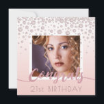 Invitation Photo fête d'anniversaire rose or diamants glam<br><div class="desc">Modèle pour votre propre photo. Devant : or Rose, superposition de texte rose : Félicitations. Le texte est écrit avec un script de style moderne écrit à la main. Texte : 21e anniversaire (ou tout âge). Décoré avec un brin de diamant en or rose. or rose, blanc rose dégradé ombre...</div>