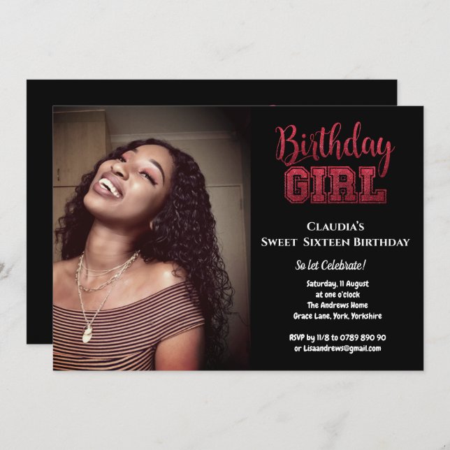 Invitation Photo Fille Anniversaire Élégant Pailleté Noir Swe (Devant / Derrière)