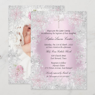 Invitation Photo Fille Croix Baptême Flocons de Neige Rose Ar