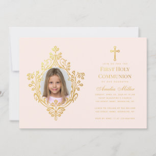 Invitation Photo Fille Première Communion Elégant Blush Faux
