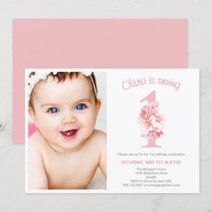 Invitation Photo Fille rose mignonne Premier anniversaire fêt