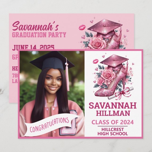 Invitation Photo Fille Rose Personnalisée Diplôme de luxe (Devant / Derrière)