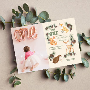 Invitation Photo Fille Woodland Animaux 1er anniversaire